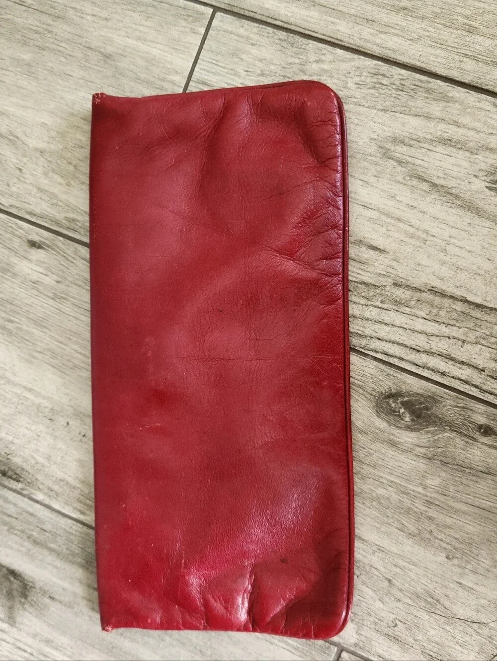 Vintage LYS Red Leather Envelope Clutch Handbag 12” x 6” Wood Clasp